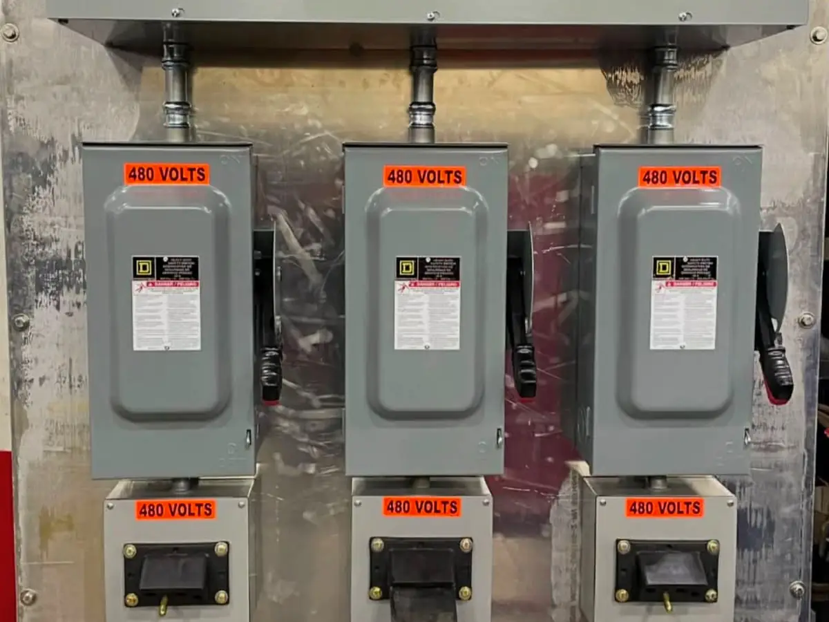 Three 480-volt safety disconnects mounted in a commercial plant room.